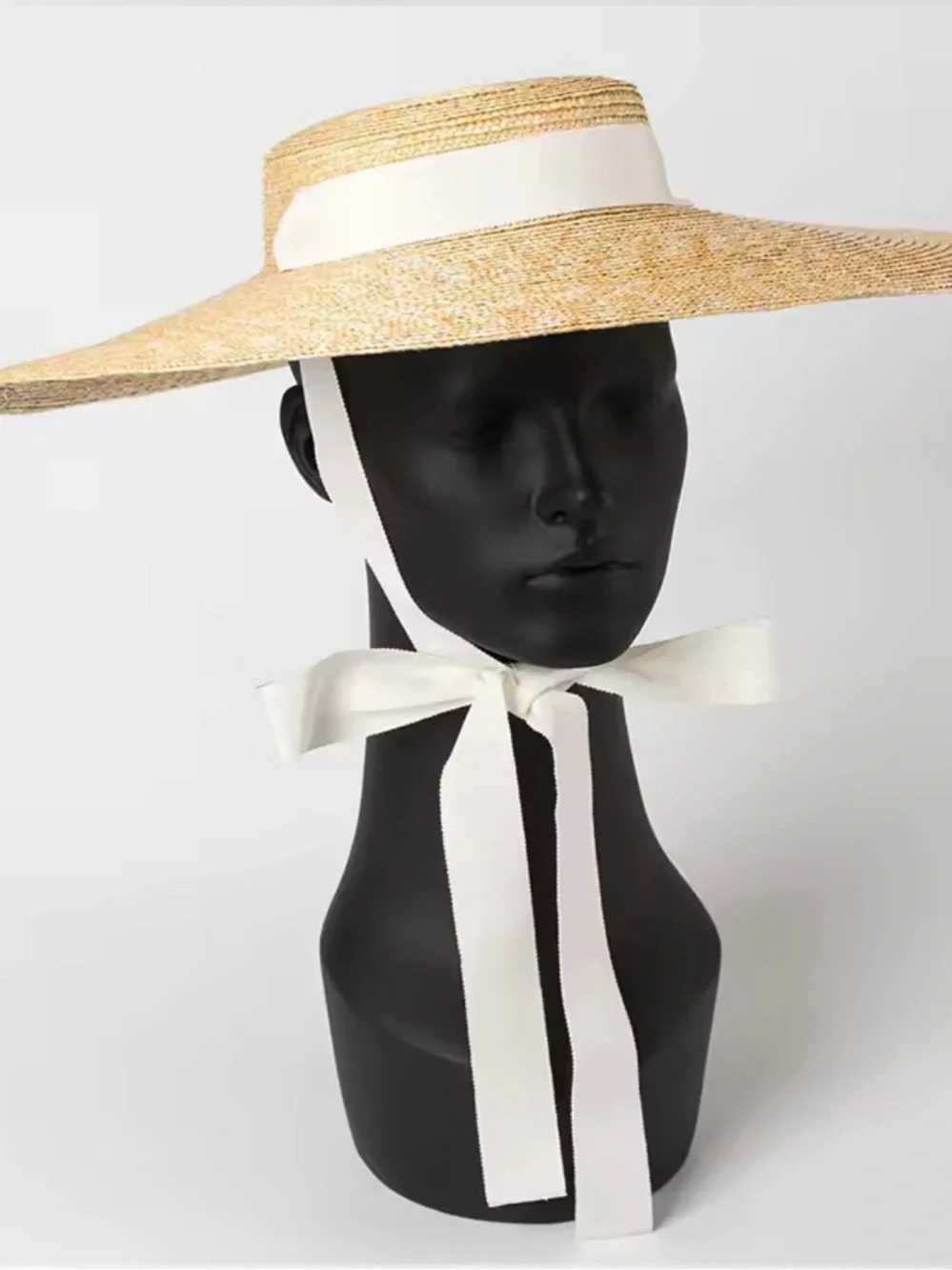 Very Wide-brimmed Straw Hat With Chin Strap Ribbons, Summer Wide-brimmed Hat